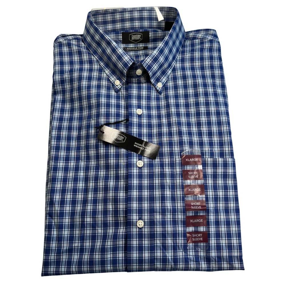 Berkley Jensen Dress Shirt Blue White Plaid Cotton Blend XL NWT Short Sleeve